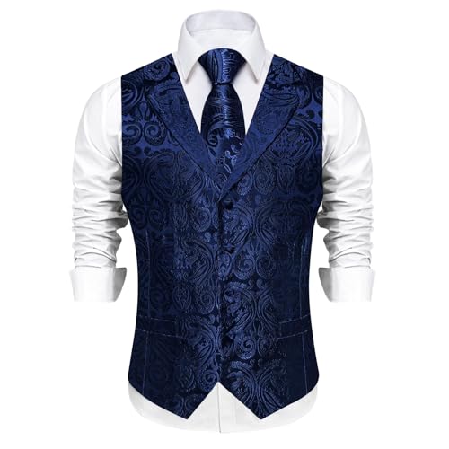 DiBanGu Mens Paisley Vest and Tie Set Silk Formal Suit Waistcoat and Bowtie Hankerchief Lapel Pin Set 8PCS for Wedding Party2