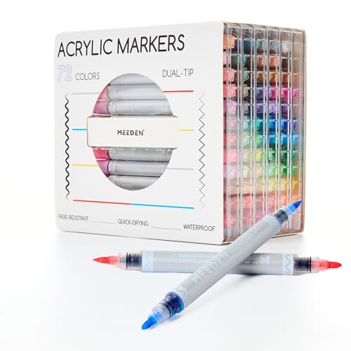 Image of MEEDEN Artist Acrylic Paint Markers: 72 Colors Dual Tip Acrylic Marker with Brush & Round Tip - Waterproof Paint Pens Markers with Automatic Ink Control for Wood, Canvas, Glass, Rock, DIY, Ceramic
