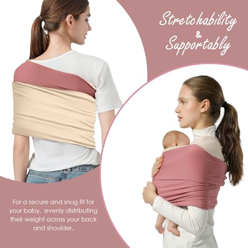 Image of Baby Wrap Carrier, Lightweight Baby Wearing Wraps for Newborn and Infant, Soft Swaddle Holder Carrier, Cozy Baby Sling 7-35 lbs Cream+Pink