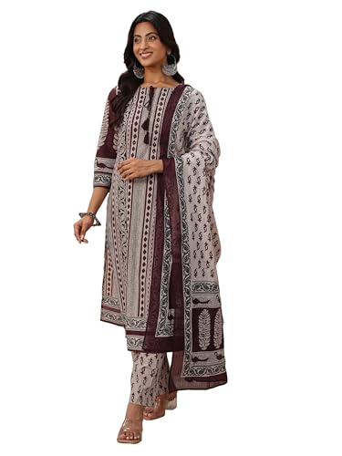 Image of Libas Printed Cotton Straight Kurta With Trouser and Dupatta | daily wear suit