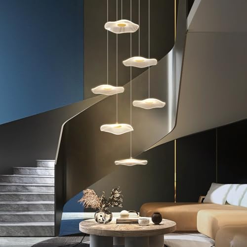 Pendentif LED moderne Suspension de salle à manger Luminaire à feuille de lotus Abat-jour acrylique contrôle intelligent Lustre d'escalier doré réglable...