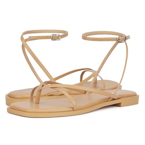 Image of Womens Flats Sandals Square Toe Strappy Ankle Strap Flats