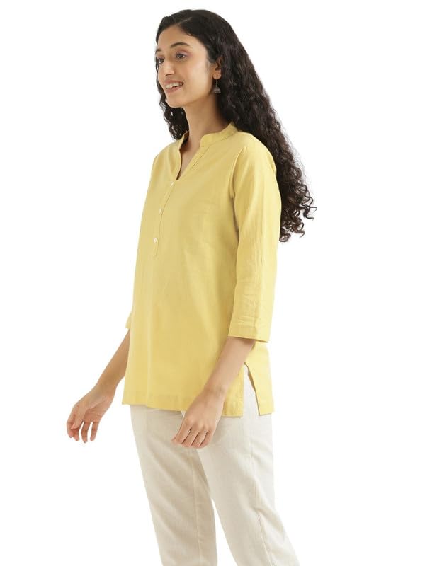 Image of SAADAA Women Short Kurti Airy Linen Regular Fit Kurta with 3 /4th Sleeves, Mandarin Collar, Side Slit Perfect for Casual, Formal, and Ethnic Wear