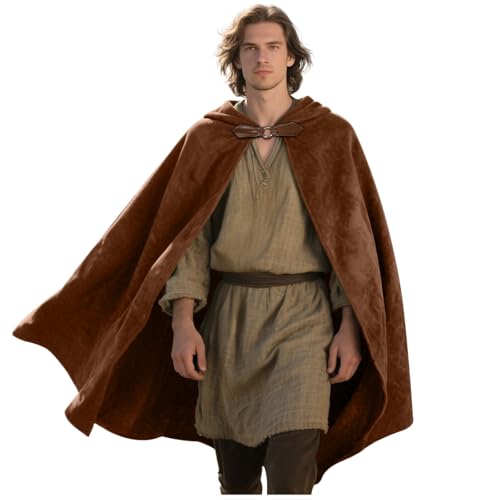 keland Renaissance Umhang mit Kapuze Samt Kapuzenumhang Halloween Mittelalter Hobbit Kapuzenmantel (Braun)