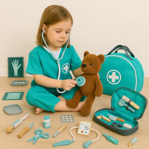 Image of Wudly 34-Piece Wooden Doctor Kit for Kids - Pretend Play Medical Set with Stethoscope & Accessories - Educational Toy for Toddlers, Boys & Girls Ages 3+
