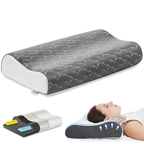 Joynox Cervical Memory Foam Pillow for Sleeping, Adjustable Orthopedic Contour Support Pillow for Neck and Shoulder Pain Relief, Ergonomic Bed Pillow for Back, Side, Stomach Sleepers, Dark Grey