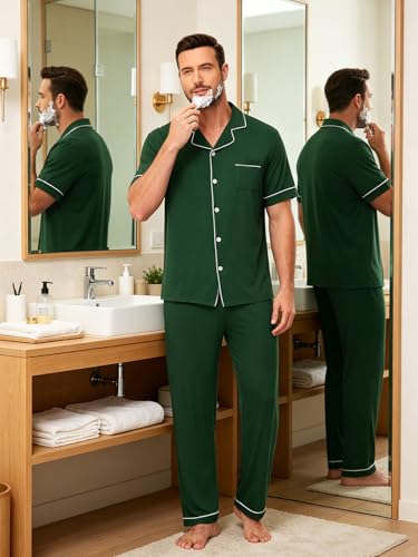 Image of Men's Short Sleeve Pajama Set, Soft Cotton Button Down Sleepwear Top & Long Pants, Loungewear PJs with Pockets S-XXXL