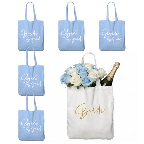 BrideSquad 6 Pcs Bridesmaid Tote Bags in Light Blue | Bridal Shower Gifts & Bridesmaid Gifts for Bride and Bridesmaids - Perfect for Bachelorette Party