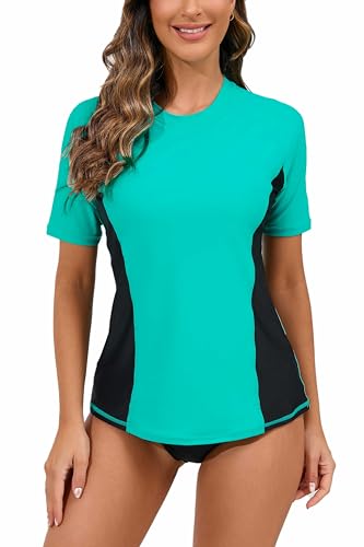 Halcurt Women's Short Sleeve Rash Guard Swimsuit Top with Built