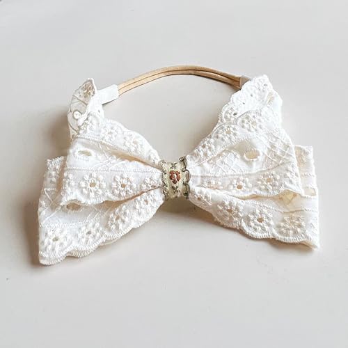Bethynas Baby White Lace Elastic Headband Toddler Hair Bow Baptism Christening Hairband Infant Soft Fabric Birthday Party Headwrap Accessory for Newborn Little Girl (Off-white 8, Elastic)