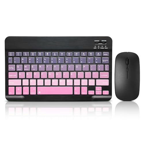 Bluetooth Keyboard and Mouse Combo Rechargeable Portable Wireless Keyboard Mouse Set for Apple iPad iPhone iOS 13 and Above Samsung Tablet Phone Smartphone Android Windows (Gradient Black Pink)