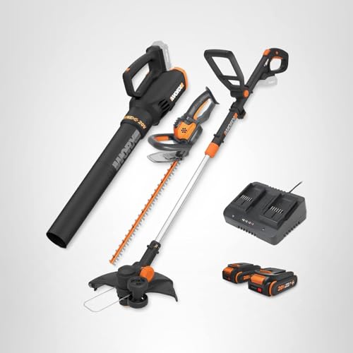 WORX 20V 12'' Cordless String Trimmer, 360 CFM Leaf Blower & 22'' Hedge Trimmer Combo, 2 Batteries & Charger Included, WG931