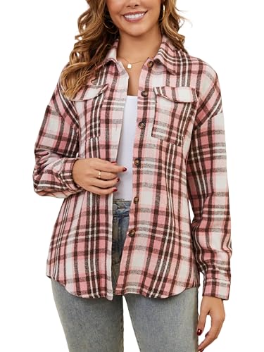 Camisa Cuadros Mujer Franela Algodón Cálido Camisa Leñador Blusas Basiccon Botones Camisetas Cuello en V Manga Larga Casual Oficina Básico Vintage Western Rosa XXL