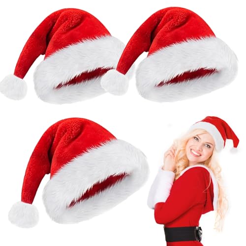 RCYHCY Bonnet Noël, 3 Pieces Chapeau de Père Noël Adultes, Bonnet de Père Noël Peluche, Santa Hat pour Femme Homme, Convient pour La Fête de Noël, Les Jeux de Rôle