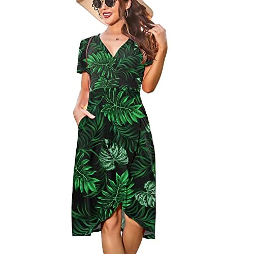 HUSKARY Women Summer Casual Midi Dresses Short Sleeve V Neck Drawstring Knee Length T Shirt Dress with Split and Pocket