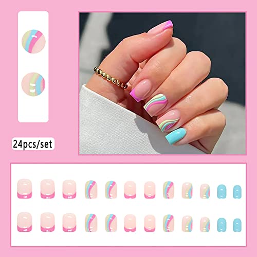 Clataly 24 Pcs Short Pink Gradient Fake Nails Square Glossy Press on Nails Black White Acrylic Nails Cute Nude Pink False Nails for Women Girls (C) - Image 2