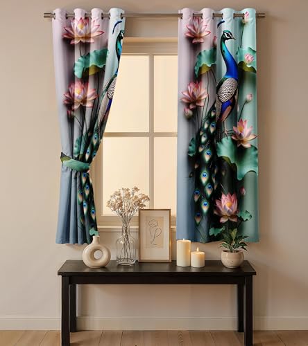 Image of Ultimate Trends Room Darkening Digital Printed Peacock Prints Curtain 65-70% Opacity,Diamond Eyelets, Tie Back, 9 FEET Pack of 1,Misty Aqua & Pink