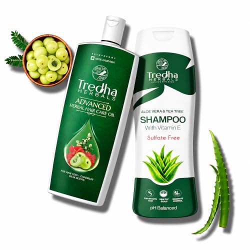 Image of Tredha Advanced Herbal Hair Oil 100ml + Aloe Vera & Tea Tree Anti-Dandruff Shampoo 200ml | Hair Growth & Anti Hair Fall Combo for Men & Women | Controls Frizz & Dryness | Sulphate & Paraben Free Care | Helps Delay Premature Greying