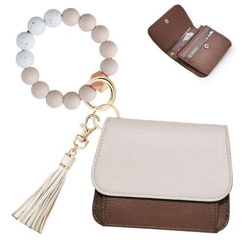 Image of Keychain Wallet for Women,RFID Wristlet Wallet with Beaded Strap | Tri-Fold Design,6 Card Slots,ID Window,Zipper Coin Pocket,Lightweight Carry