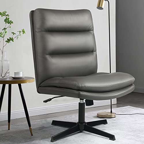 Lemberi Pu-Padded Armless Office Desk Chairs No Wheels, High-Back Wide Seat Home Office Desk Chair, 120°Rocking Cross Legged Computer Task Chairs, Modern Adjustable Swivel Vanity Chair (Dark Grey) #TOP14