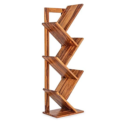 Solid Sheesham Wood Book Shelf | Wooden Tree Shape Bookshelf | Free Standing Bookcase with 6 Open Shelf Storage | Utility Organizer Shelves for Living Room | Rosewood, Natural Finish