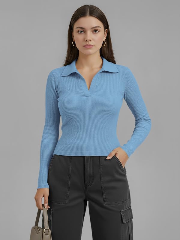 Image of Dream Beauty Fashion Women's Collared Neck Long Sleeve Slim Fit Casual Tee Top for Woman