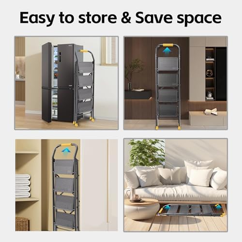 Step Ladder Foldable Folding Stool - for Home Adults Kitchen 4 Stepping Extension Tall Heavy Duty with Handrails - Closet Stepstool Stair Ladders Extendable Stepladder for Indoor House 600Lbs by DIAMONDFORGE - Image 6