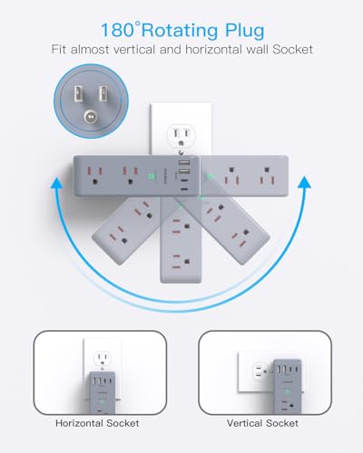 Image of Surge Protector Outlet Extender - with Rotating Plug, 6 AC Multi Plug Outlet with 4 USB Ports (2 USB C), 1800 Joules, 3-Sided Swivel Power Strip with Spaced Outlet Splitter for Dorm, Office, Grey