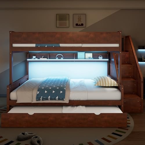 Full XL Over Queen Bunk Bed with Storage Shelves, Staircase and Trundle, Wood Loft Bed Frame, Space-Saving Design, Walnut