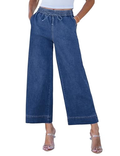 luvamia Wide Leg Jeans for Women High Waisted Cropped Pull On Jeans Elastic Wasit Drawstring Stretch Denim Trouser Pants
