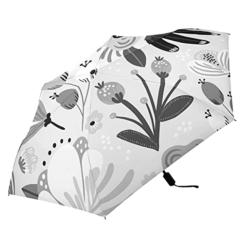 Poeticcity Pink Flowers Berries Leaves Seamless Floral Texture Black White Folding Umbrella, Anti-UV 3 Folds Lightweight Parasol, Compact Windproof Strong Umbrellas for Car Travel Sun & Rain