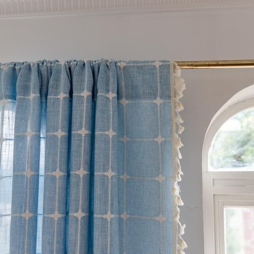 Deeprove Blue Boho Curtain 84 Inches Long for Kid Boy's Bedroom Nursery Room, Cotton Linen Lattice Plaids Embroidery Semi Blackout Bohemian Window...