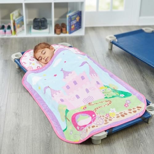 Image of EVERYDAY KIDS Cute Preschooler and Toddler Cot Nap Mat for Home, Daycare, Preschool and Kindergarten; Easy to Roll Sleeping Mat with Elastic Straps, Pillow and Blanket