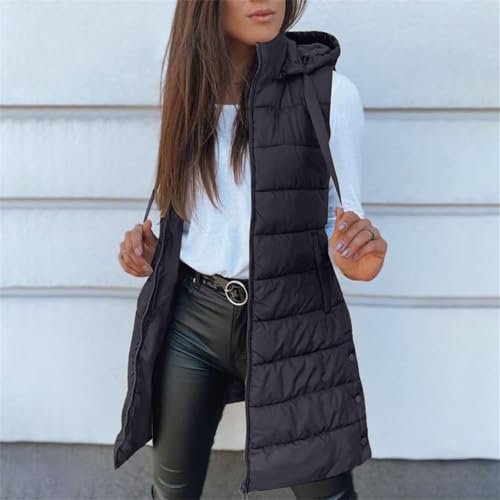 Long Puffer Vest Women, Solid Color Sleeveless Hood Fall Coats Trendy 2025, Zip Up Puffy Jackets Winter Outwear, Black, womens long vest, S2