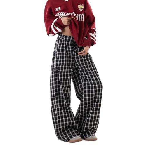 Pooyikoi Women Pants Casual Retro Mid-Waist Wide Leg Straight Leg Pants Casual Hip Hop Fashion Gingham Pant Streetwear