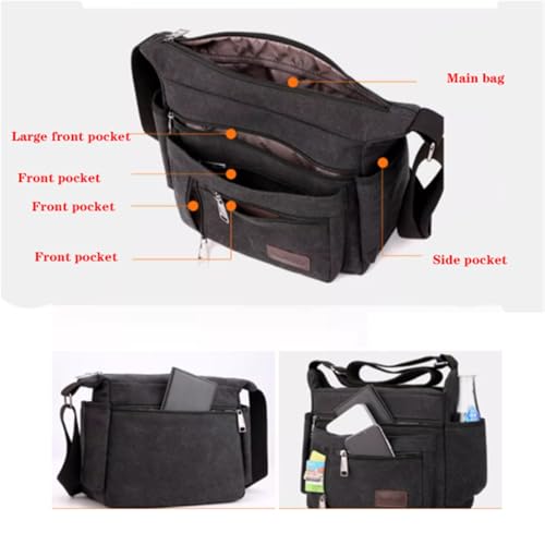 11in Casual Shoulder Bag with Strap, Canvas, Men Vintage Messenger Crossbody Bag, Multi Pocket, for Travel Work Busine2