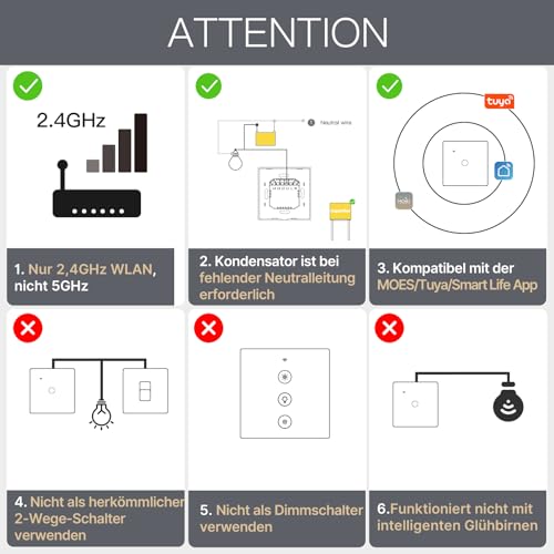 MOES Smart Alexa Wlan Lichtschalter ohne Neutralleiter, Wifi Touch Schalter Unterputz mit Speicher nach dem Ausschalten, Smart Life/Tuya app, Kompatibel mit Alexa und Google Home,1 Fach 1 Wege