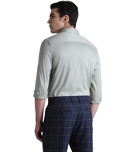 Image of Jack & Jones Men's Cotton Slim Fit Solid Opaque Checked Spread-Collar Casual Shirt