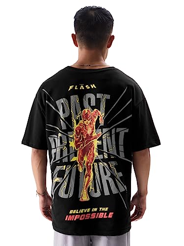Image of The Souled Store Official The Flash: Through Time Mens and Boys Oversized fit Graphic Printed Half Sleeve Cotton Black Color Oversized T-Shirts (227338)