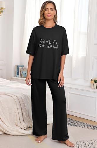 Image of PrinStory Womens Pajamas Sets 2 Piece Lounge Set Short Sleeve Tops and Long Pants Soft Pjs Loungewear with Pockets