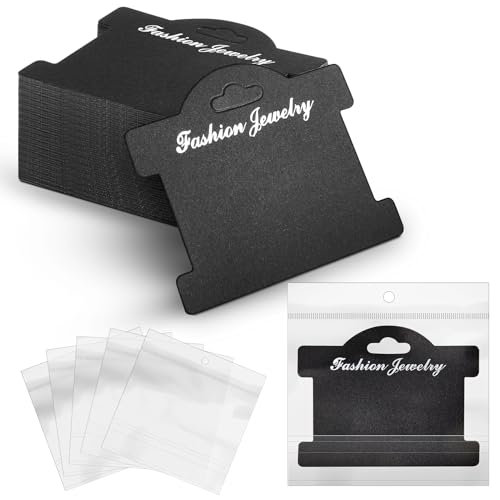 Fulmoon 100 Stück Armband-Display-Karten 9,5 x 7,1 cm, Schmuck-Display, Hängekarten, Armbandverpackung, Halskettenkarten für Ohrringe, mit 10,9 x 14 cm großen Beuteln für Schmuck (schwarz)