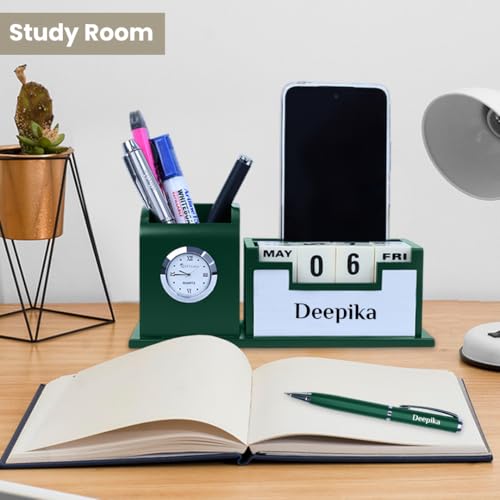 Image of Giftana Personalized Desk Organizer with Notebook Diary Pen with Name, Customized Employee Welcome Kit, Personalised Gift for Doctors, 3 in 1 Customised Diwali Corporate Gift Set for Employee (Green,Silver)