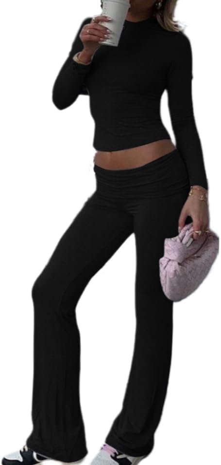 AYWA Women's 2 Piece Outfits Foldover Flare Pants Long Sleeve Crew Neck T-Shirt Fitted Pajama Sets