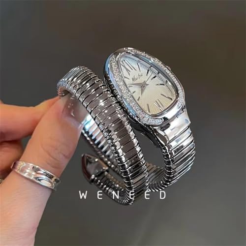 DAXIAOYU Classic Snake Shape Watch for Women Gold Silver Scaleable Bracelet Womens Watches Bling Diamonds Quartz Ladies Wristwatch (Silver) by DAXIAOYU - Used condition - Image 3
