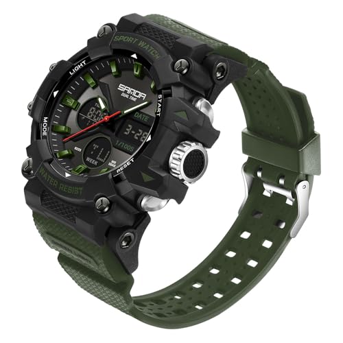 FANMIS Mens Analog Digital Sports Watch Large Face Outdoor Sports Waterproof Military Wrist Watches with Date Multifunction Tactics LED Army Stopwatch (Green)2