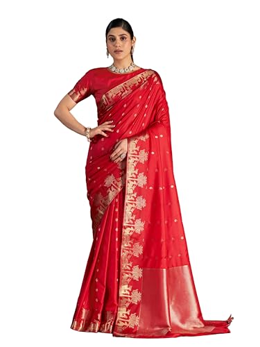 Image of MADHUHANSH Women's Cotton Silk Saree with Unstitched Blouse Piece Zari Weave and Floral Pattern | Heavy Embroidery Saree for Women | Interview Saree for Women | Readymade Blouse with Saree Set