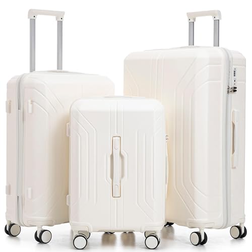 Merax 3 Luggage Sets, Durable Lightweight Hardshell Suitcase Spinner Wheels, White Horizontal Stripe, 20/24/28 Inch