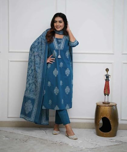 Image of DR DIGITAL Women's Cotton Printed Straight Kurti with pant and Dupatta Set