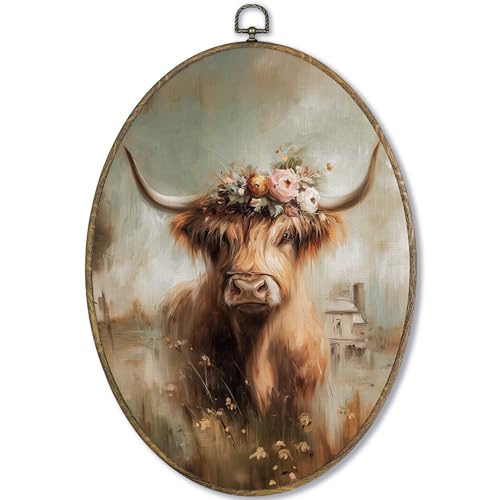 Fewgb Highland Cow Oval Wall Art Decor Framed, Rustic Farmhouse Cottagecore Country Canvas Wall Art Prints Picture, Vintage Hyland Cow Hanging Room Decor Artwork for Kitchen Bedroom Living Room 9x12