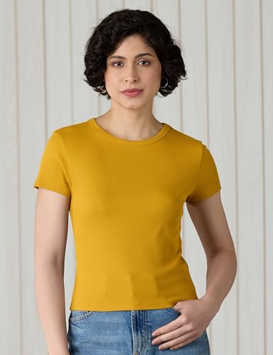 Image of Amazon Brand - Symbol Women's Slim Fit Cropped Rib T-Shirt (Round Neck | Half Sleeve | Pack of 2) (Available in Plus Size)